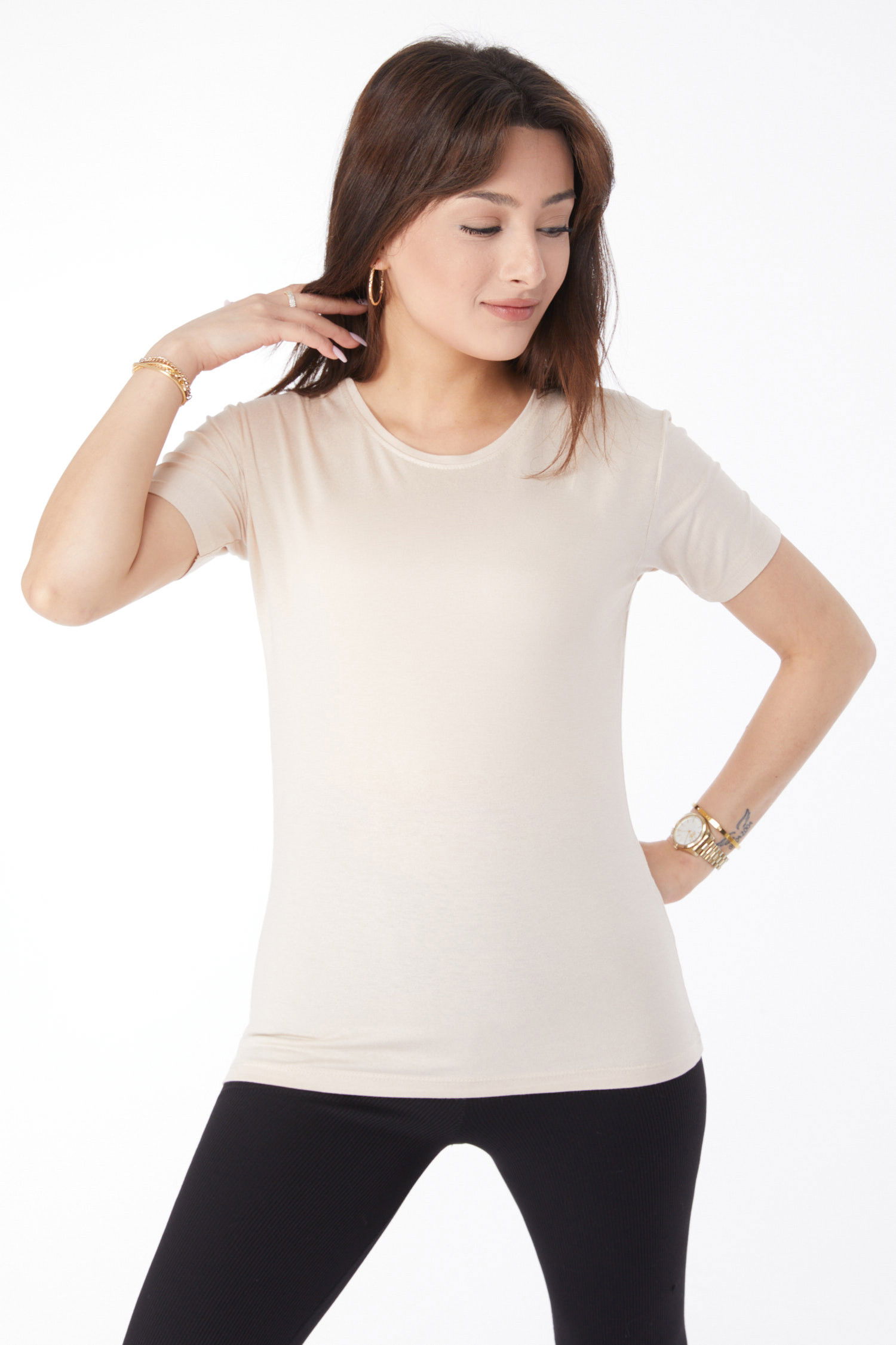 Kısa Kollu Baskısız T-shirt Bej - 24764 BEJ