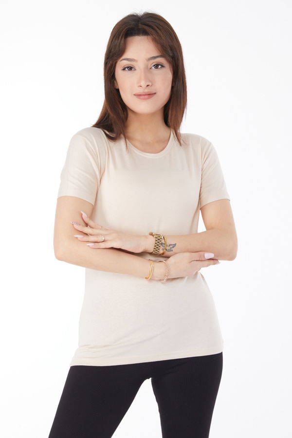 Kısa Kollu Baskısız T-shirt Bej - 24764 BEJ