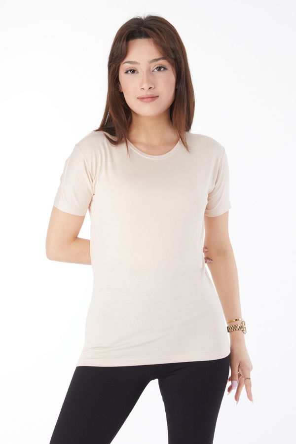Kısa Kollu Baskısız T-shirt Bej - 24764 BEJ