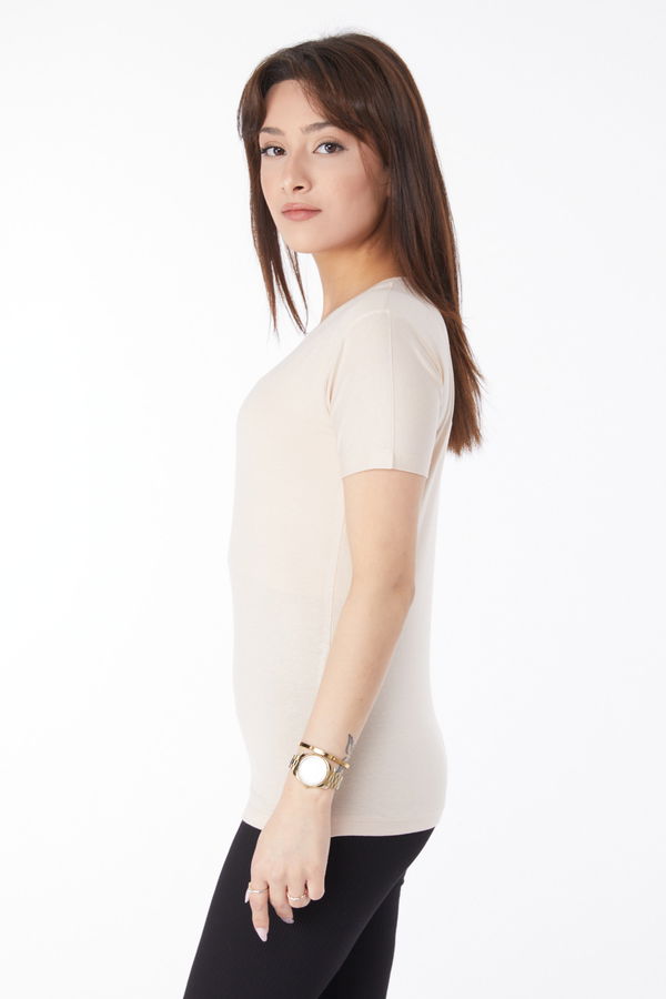 Kısa Kollu Baskısız T-shirt Bej - 24764 BEJ