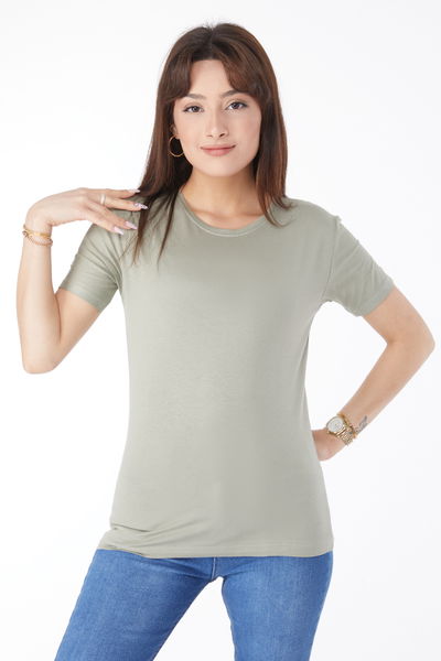 Kısa Kollu Baskısız T-shirt Haki - 24764