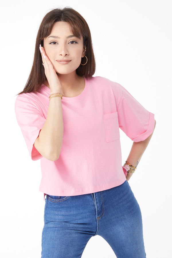 Cepli Yırtmaçlı T-shirt Pembe - 24790
