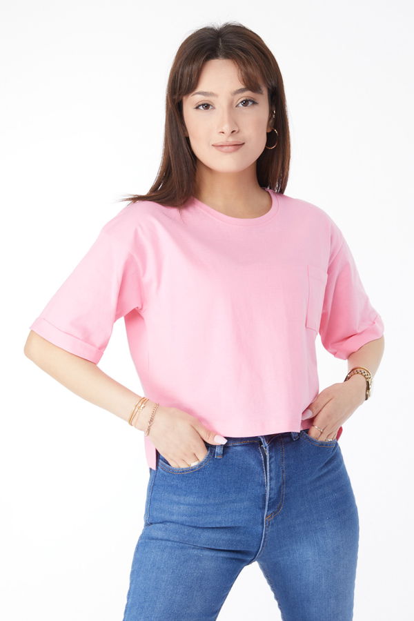 Cepli Yırtmaçlı T-shirt Pembe - 24790