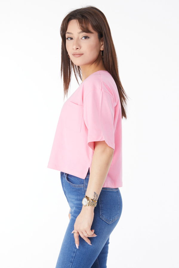 Cepli Yırtmaçlı T-shirt Pembe - 24790