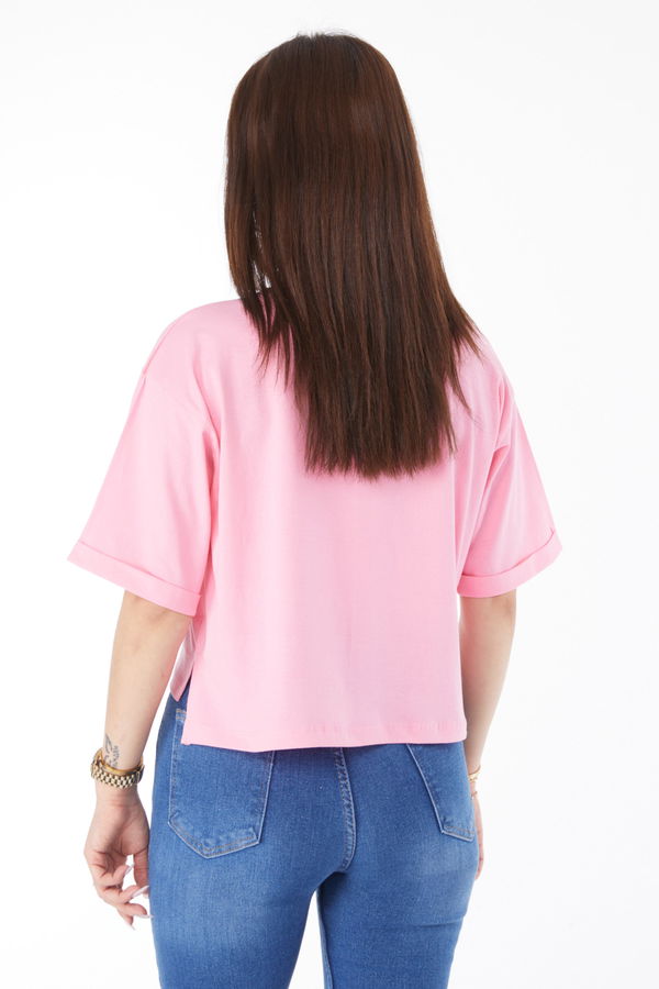 Cepli Yırtmaçlı T-shirt Pembe - 24790