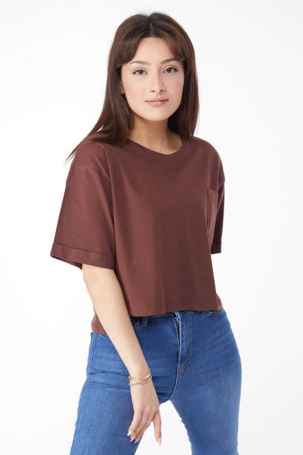 Cepli Yırtmaçlı T-shirt Kahverengi - 24790 KAHVERENGİ
