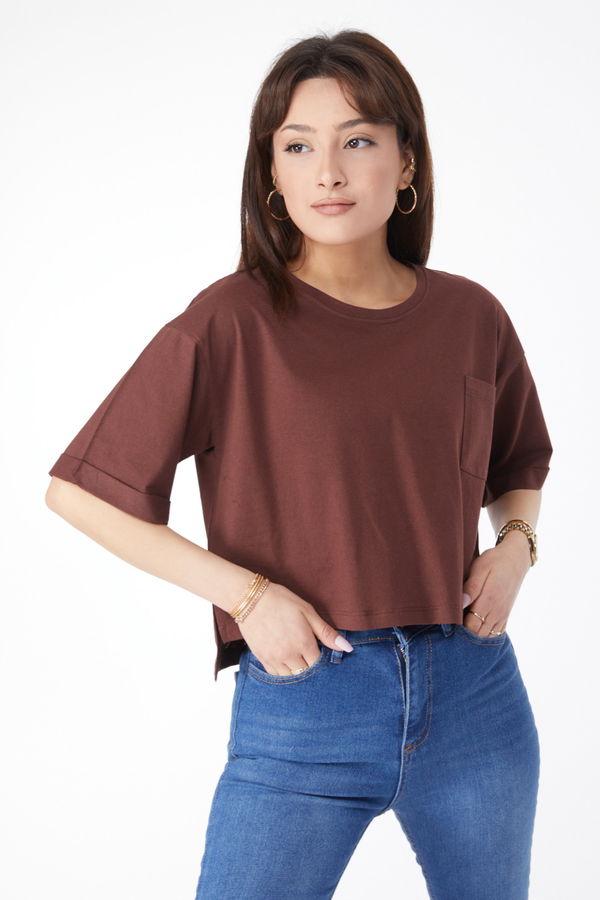 Cepli Yırtmaçlı T-shirt Kahverengi - 24790 KAHVERENGİ