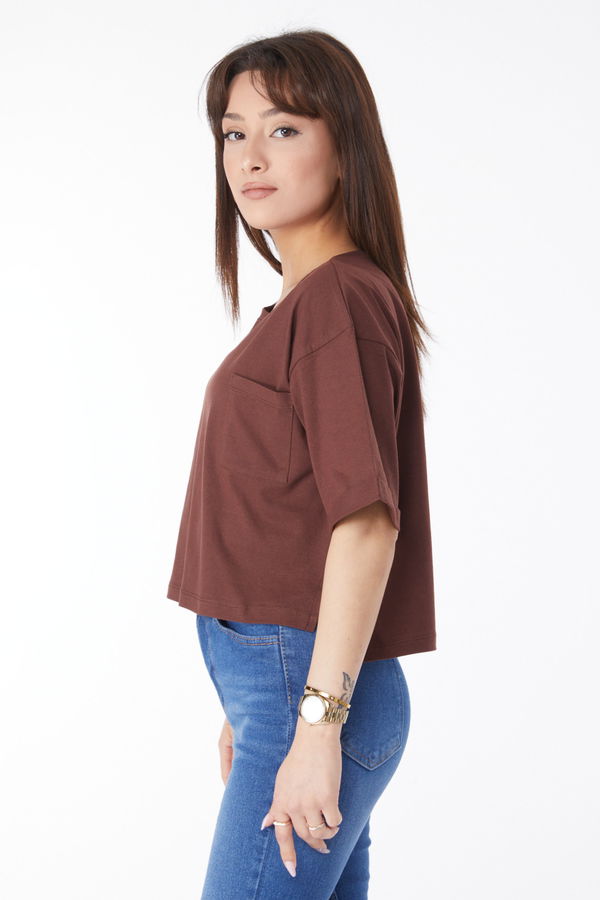 Cepli Yırtmaçlı T-shirt Kahverengi - 24790 KAHVERENGİ