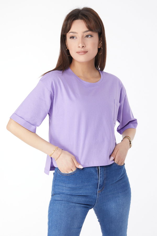 Cepli Yırtmaçlı T-shirt Lila - 24790 LİLA