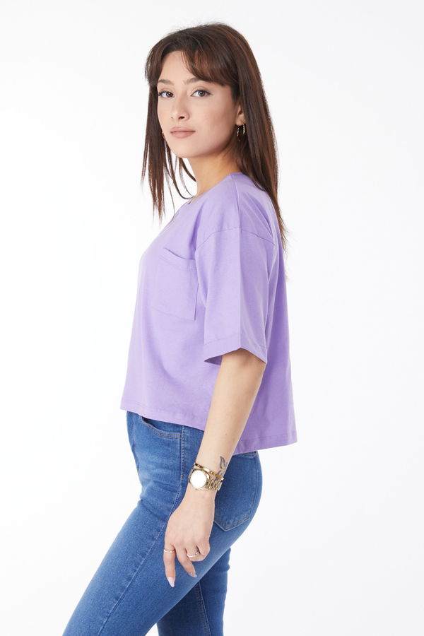 Cepli Yırtmaçlı T-shirt Lila - 24790 LİLA