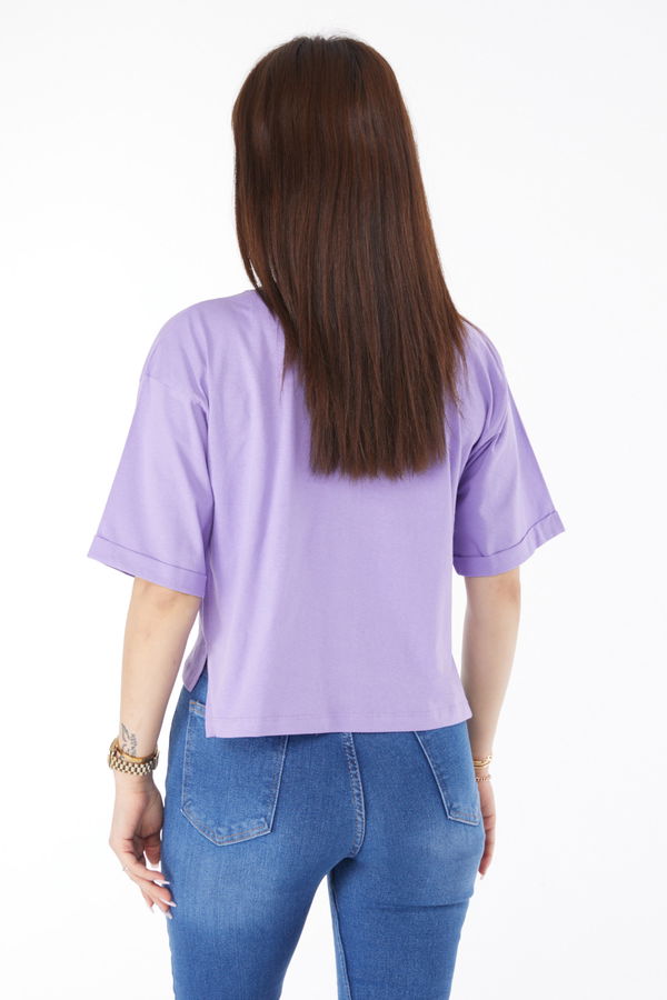 Cepli Yırtmaçlı T-shirt Lila - 24790 LİLA