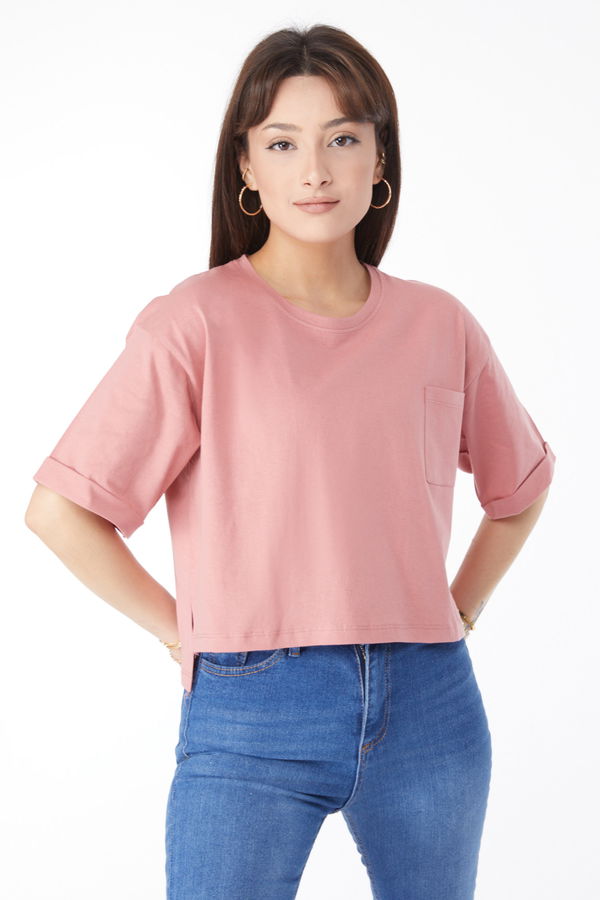 Cepli Yırtmaçlı T-shirt Pembe - 24790