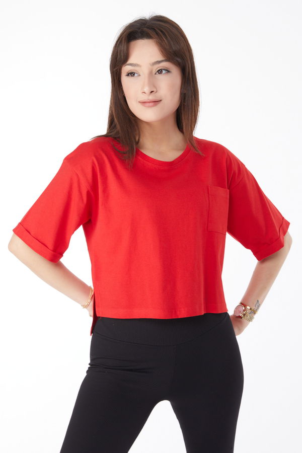 Cepli Yırtmaçlı T-shirt Kırmızı - 24790 Kırmızı