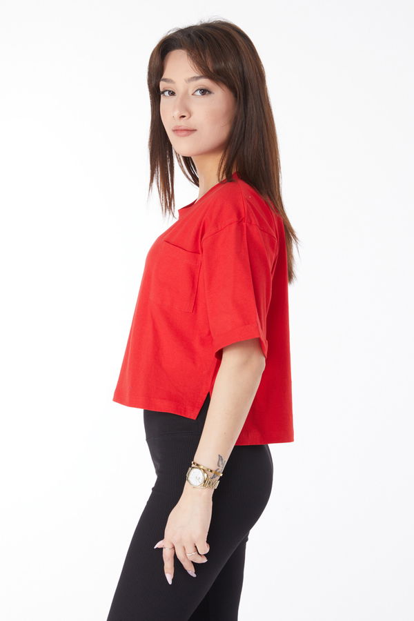 Cepli Yırtmaçlı T-shirt Kırmızı - 24790 Kırmızı