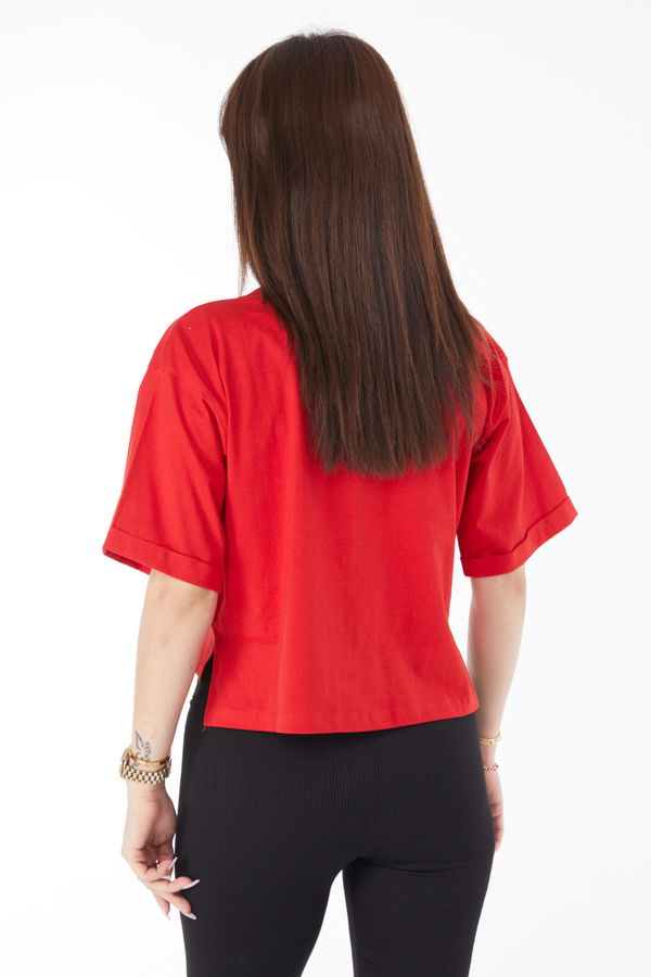 Cepli Yırtmaçlı T-shirt Kırmızı - 24790 Kırmızı