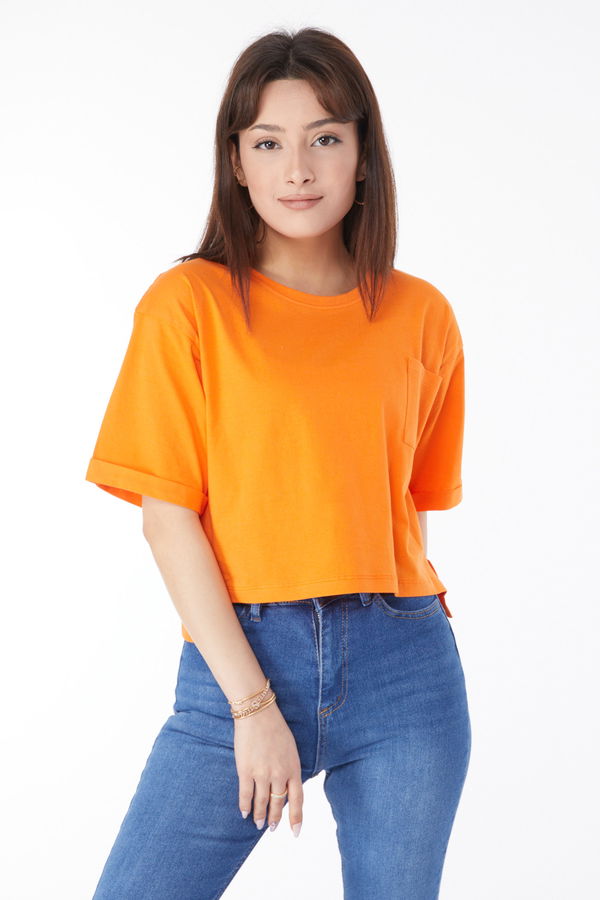 Cepli Yırtmaçlı T-shirt Turuncu - 24790 TURUNCU