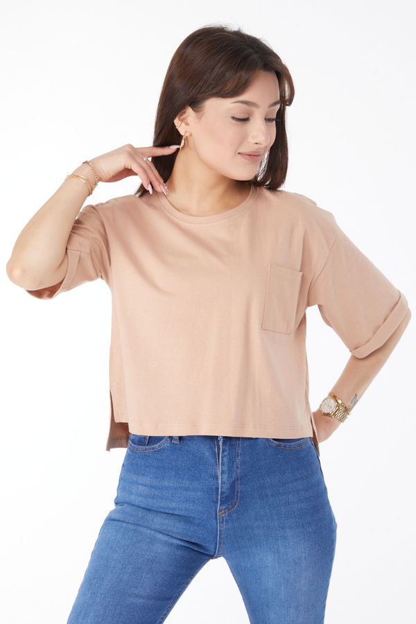 Cepli Yırtmaçlı T-shirt Bej - 24790
