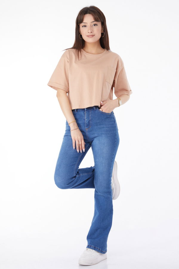 Cepli Yırtmaçlı T-shirt Bej - 24790