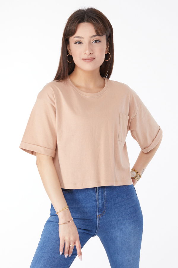 Cepli Yırtmaçlı T-shirt Bej - 24790
