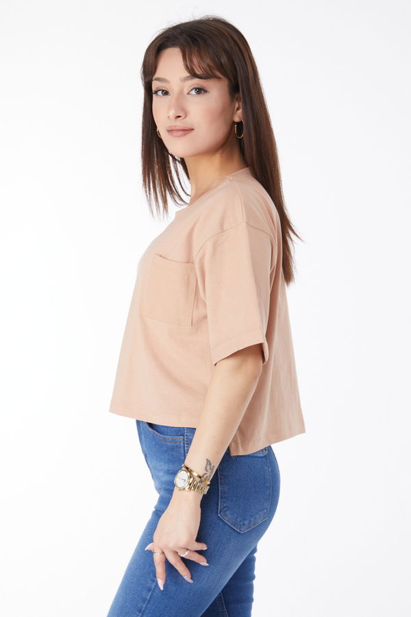 Cepli Yırtmaçlı T-shirt Bej - 24790