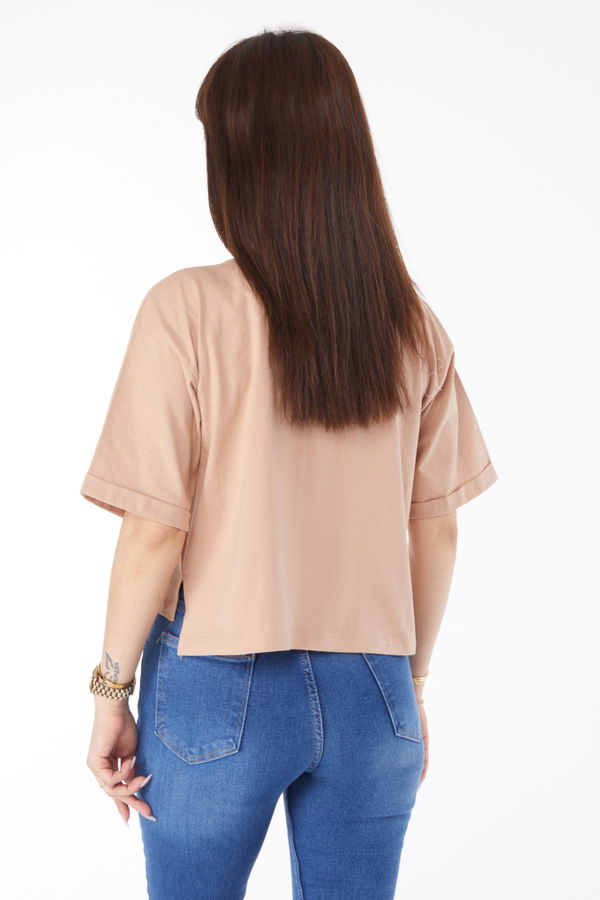 Cepli Yırtmaçlı T-shirt Bej - 24790