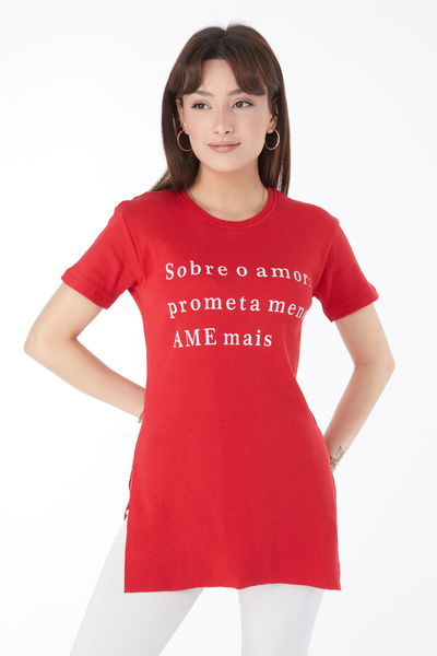 Baskılı Yırtmaçlı T-shirt Kırmızı - 24792