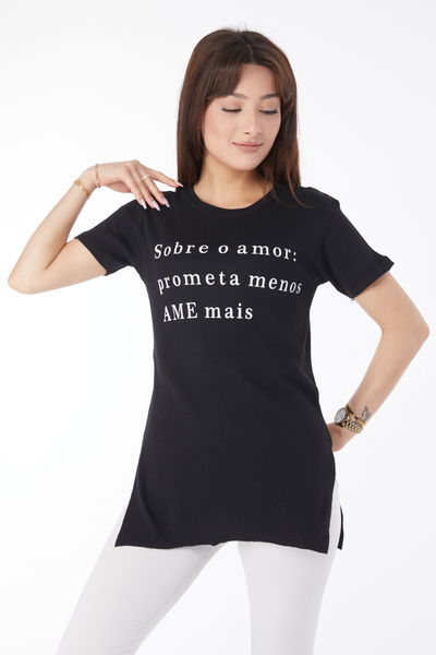 Baskılı Yırtmaçlı T-shirt Siyah - 24792