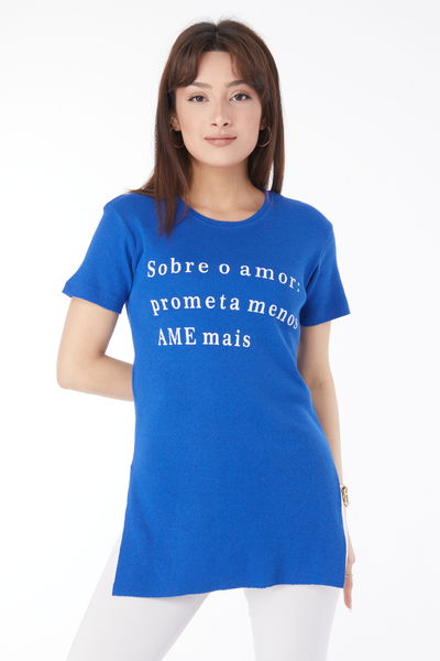 Baskılı Yırtmaçlı T-shirt Mavi - 24792