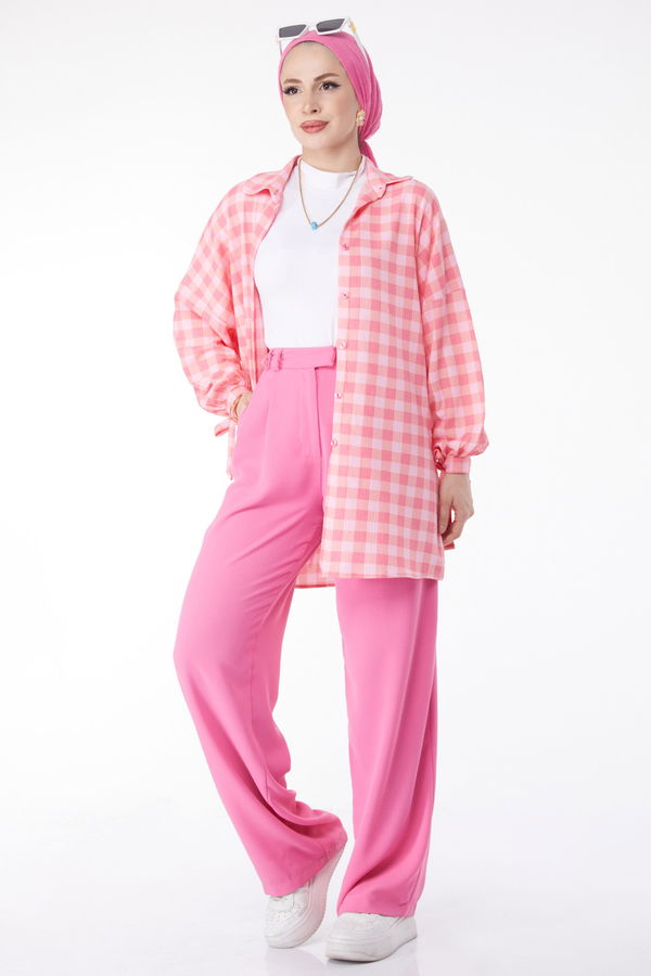 Bilek Bağcık Detaylı Ekose Desenli Tunik Pembe - 24810 PEMBE