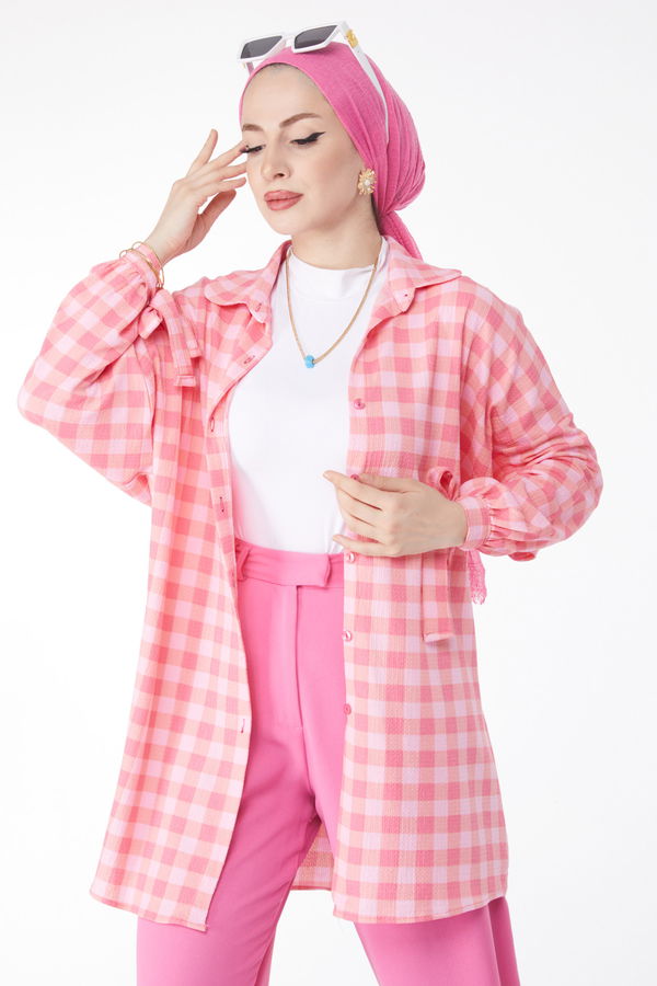 Bilek Bağcık Detaylı Ekose Desenli Tunik Pembe - 24810 PEMBE