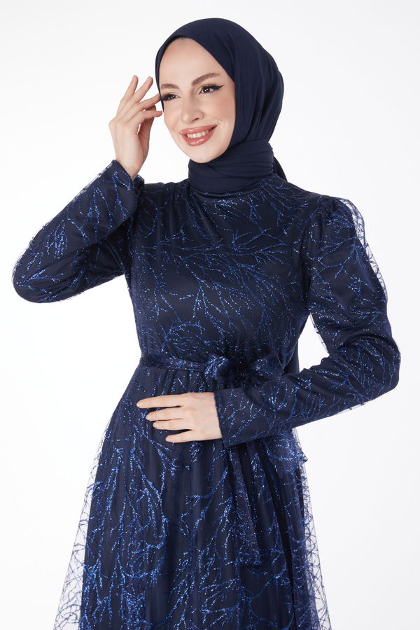 Işıltılı Simli Abiye Elbise Lacivert - 24822 LACİVERT