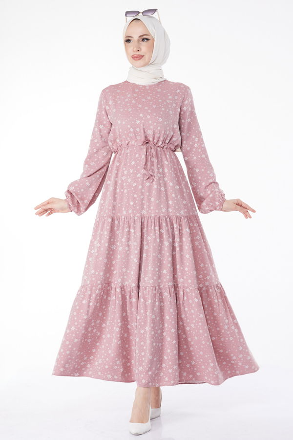Beli Bağcıklı Desenli Elbise Pembe - 24859