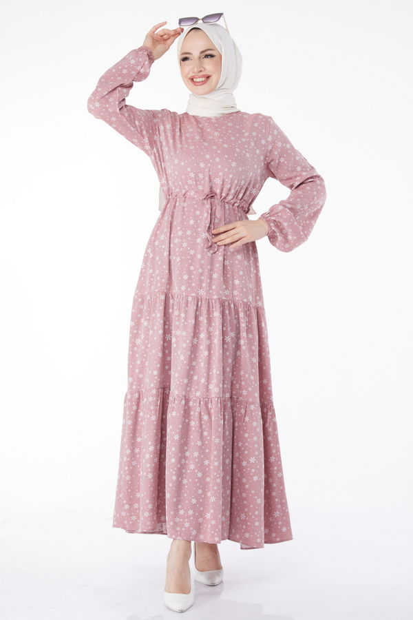 Beli Bağcıklı Desenli Elbise Pembe - 24859