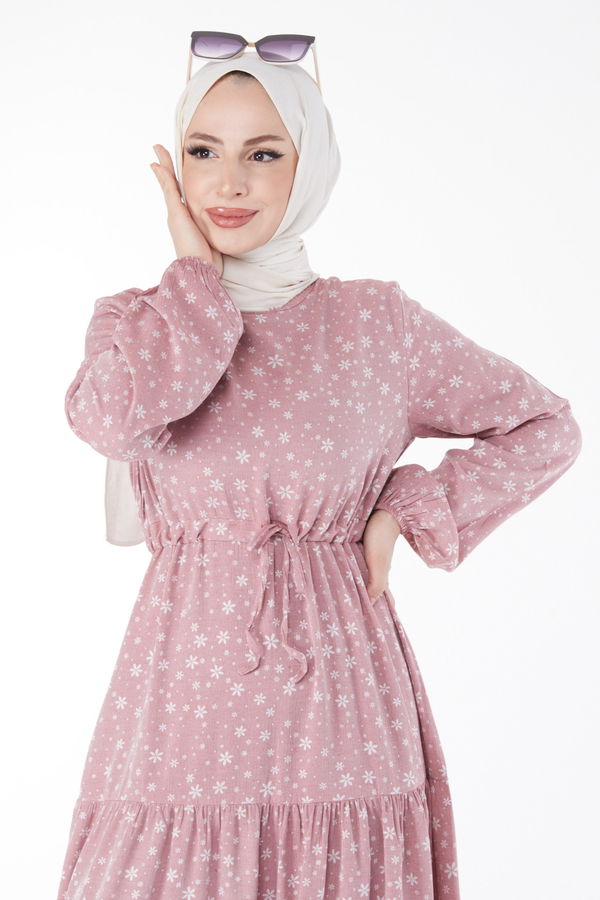 Beli Bağcıklı Desenli Elbise Pembe - 24859