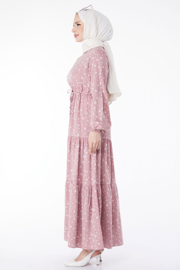 Beli Bağcıklı Desenli Elbise Pembe - 24859