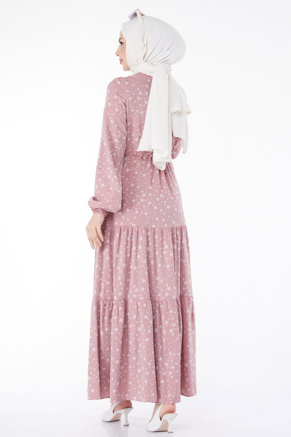 Beli Bağcıklı Desenli Elbise Pembe - 24859