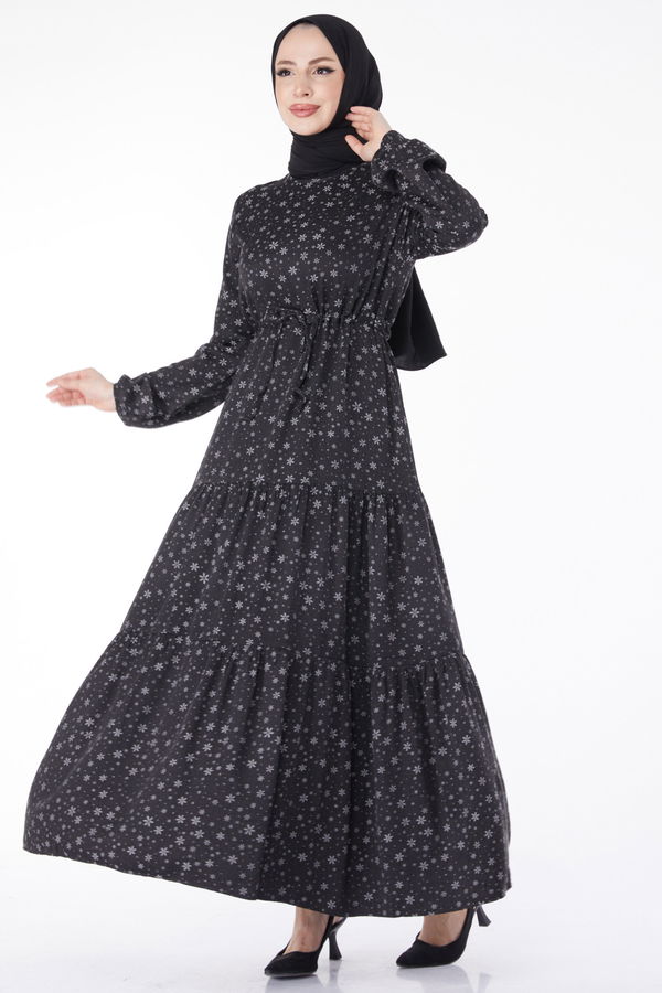 Beli Bağcıklı Desenli Elbise Siyah - 24859