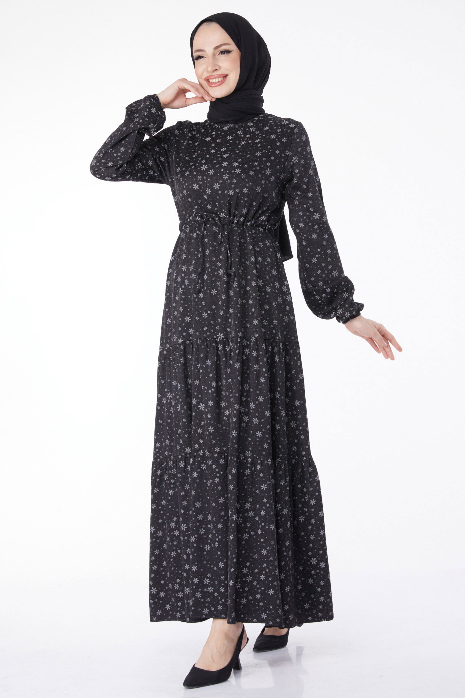 Beli Bağcıklı Desenli Elbise Siyah - 24859