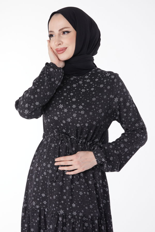 Beli Bağcıklı Desenli Elbise Siyah - 24859