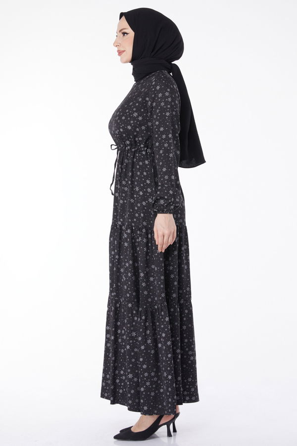 Beli Bağcıklı Desenli Elbise Siyah - 24859