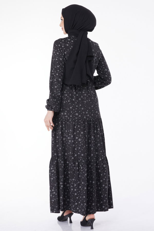 Beli Bağcıklı Desenli Elbise Siyah - 24859