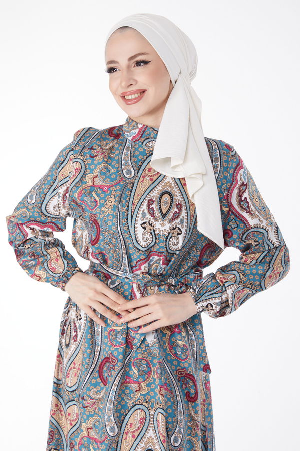 Kuşaklı Desenli Elbise Yeşil - 24860