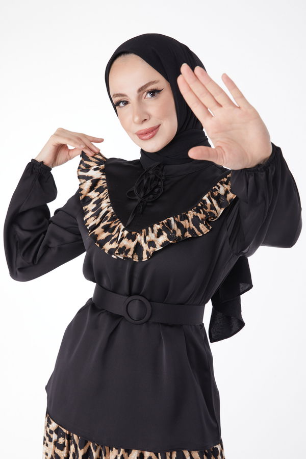 Leopar Detaylı Kemerli İkili Takım Siyah - 24880 SİYAH