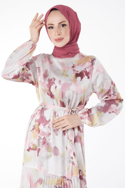 Eteği Pilise Detaylı Desenli Abiye Elbise Pembe - 24882