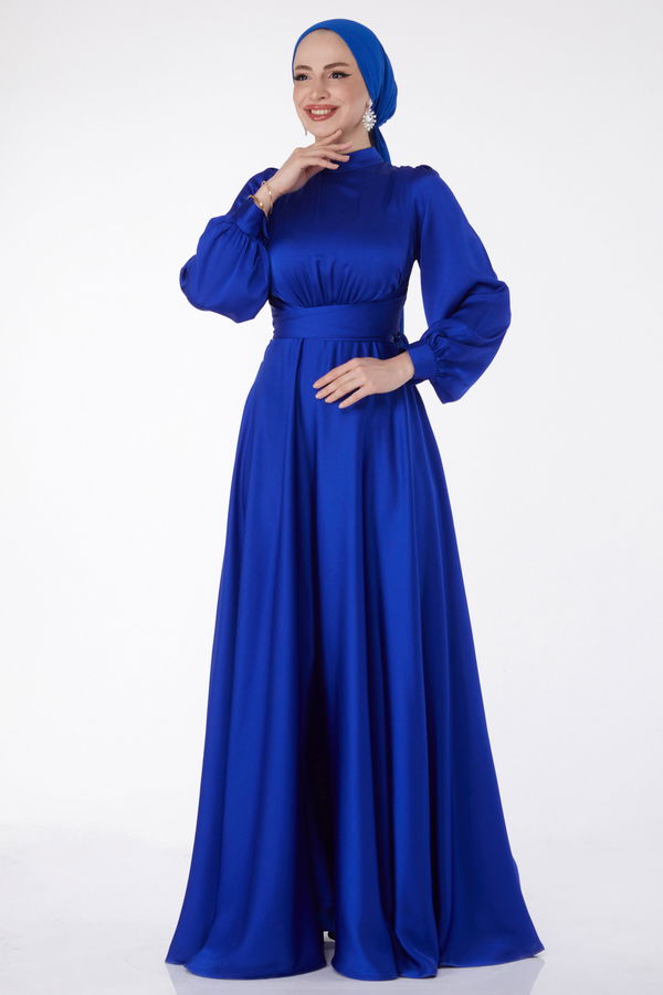 Çapraz Kuşaklı Abiye Elbise Mavi - 24886 MAVİ