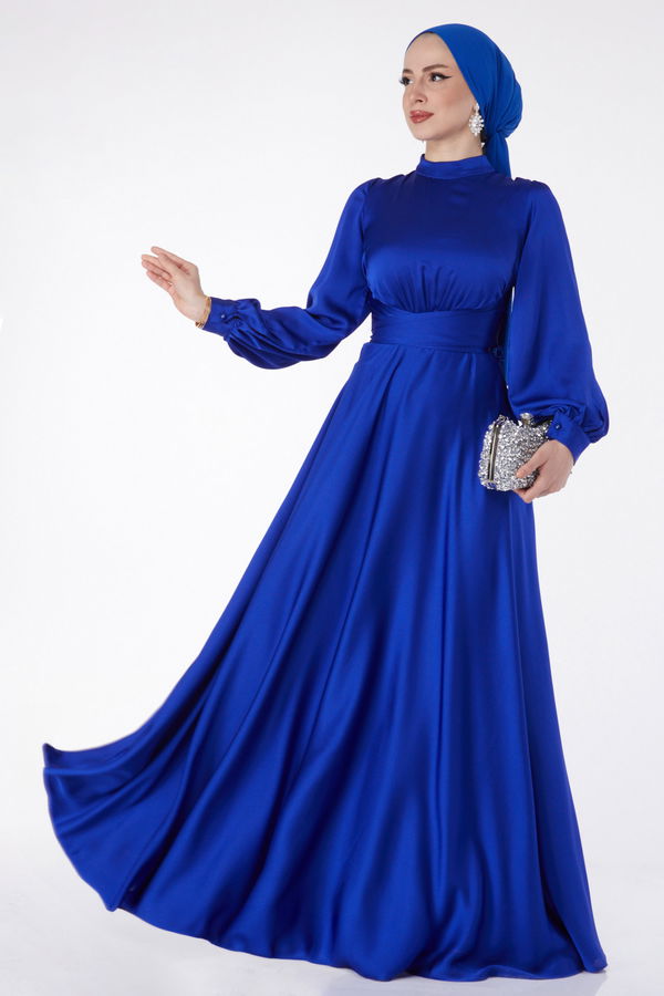 Çapraz Kuşaklı Abiye Elbise Mavi - 24886 MAVİ
