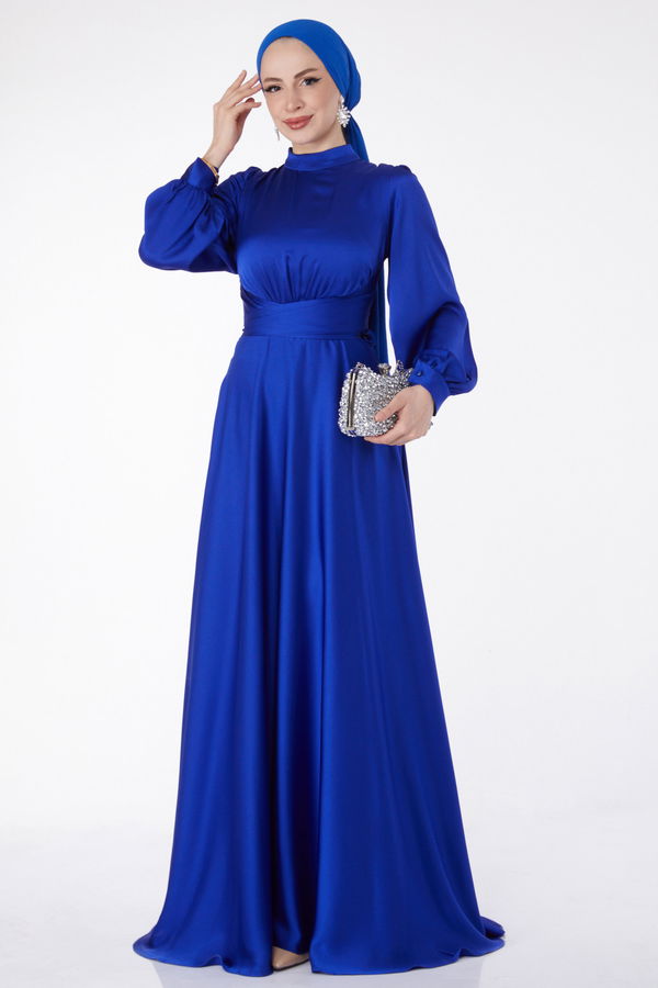Çapraz Kuşaklı Abiye Elbise Mavi - 24886 MAVİ