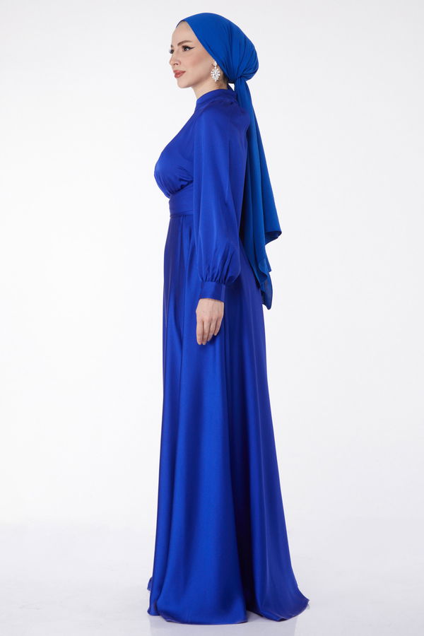 Çapraz Kuşaklı Abiye Elbise Mavi - 24886 MAVİ