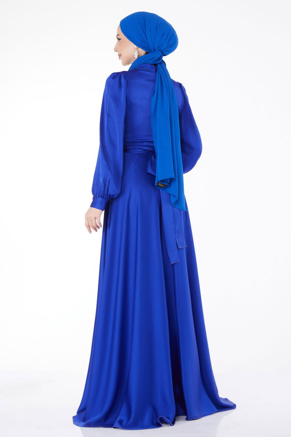 Çapraz Kuşaklı Abiye Elbise Mavi - 24886 MAVİ