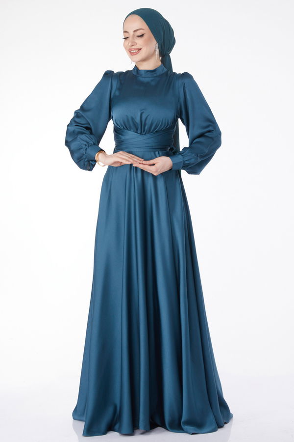 Çapraz Kuşaklı Abiye Elbise Yeşil - 24886 YEŞİL